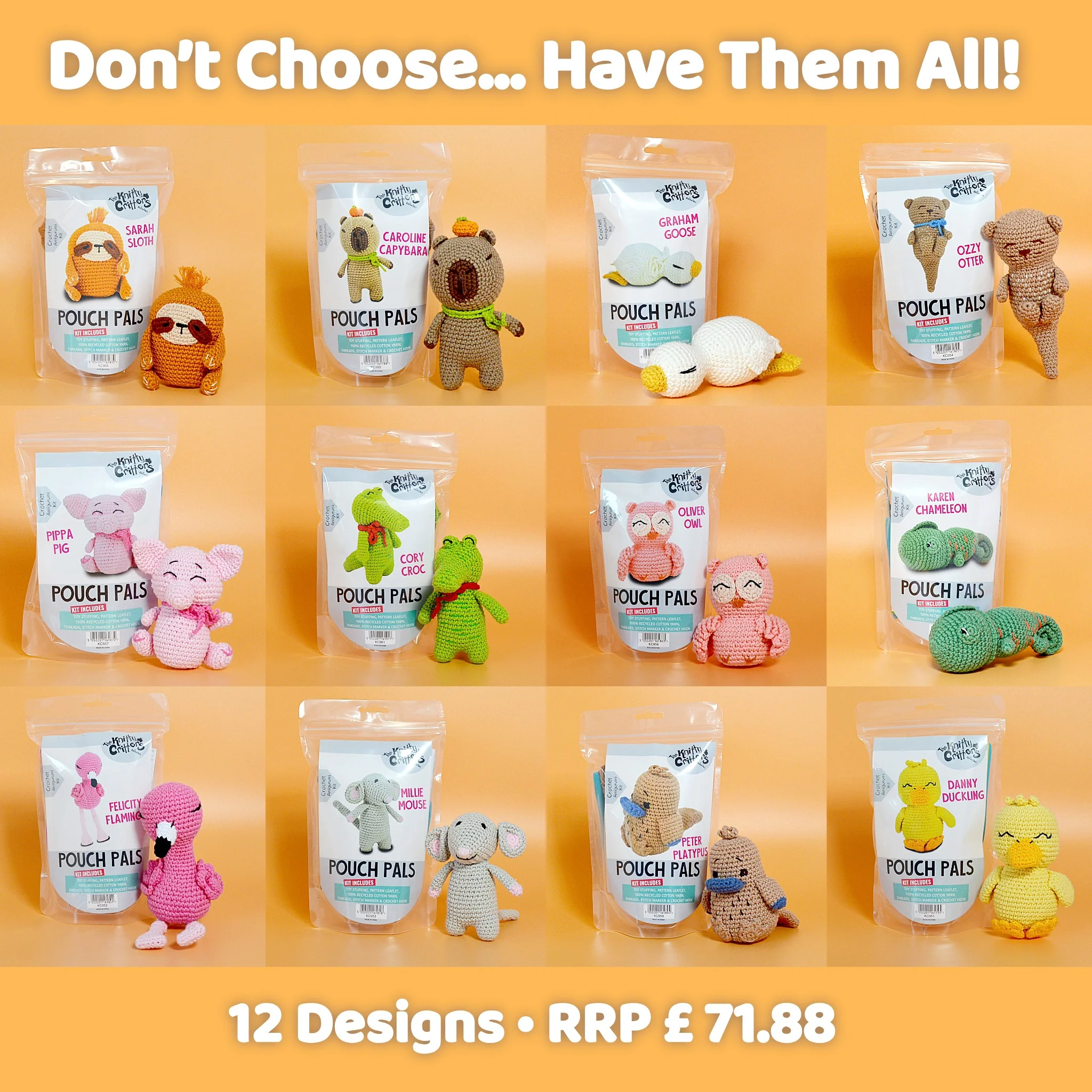 “I want the lot“ Pouch Pals bundle ALL 12 amigurumi crochet kits RRP £71.88