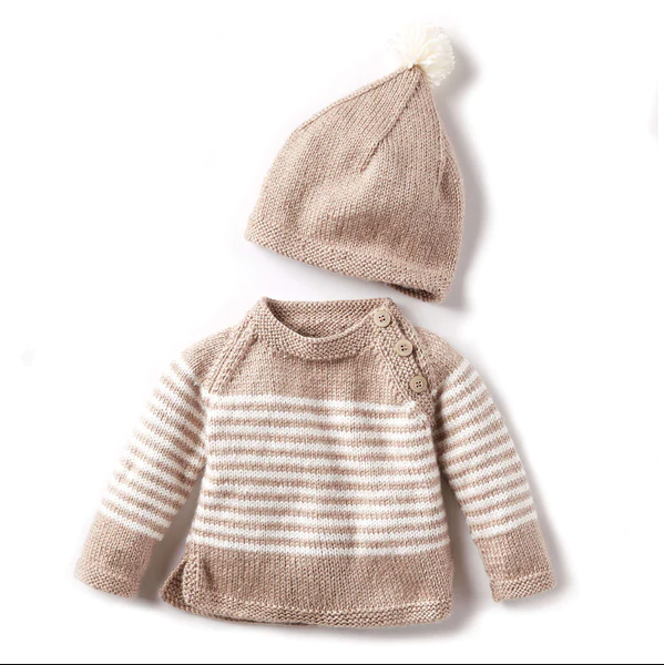 BERNAT WEE STRIPES KNIT PULLOVER AND HAT PATTERN 6-24 MONTHS